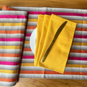 Vibrant Satin Stripes Table Runner & Yellow Napkin Set – Gift Bag