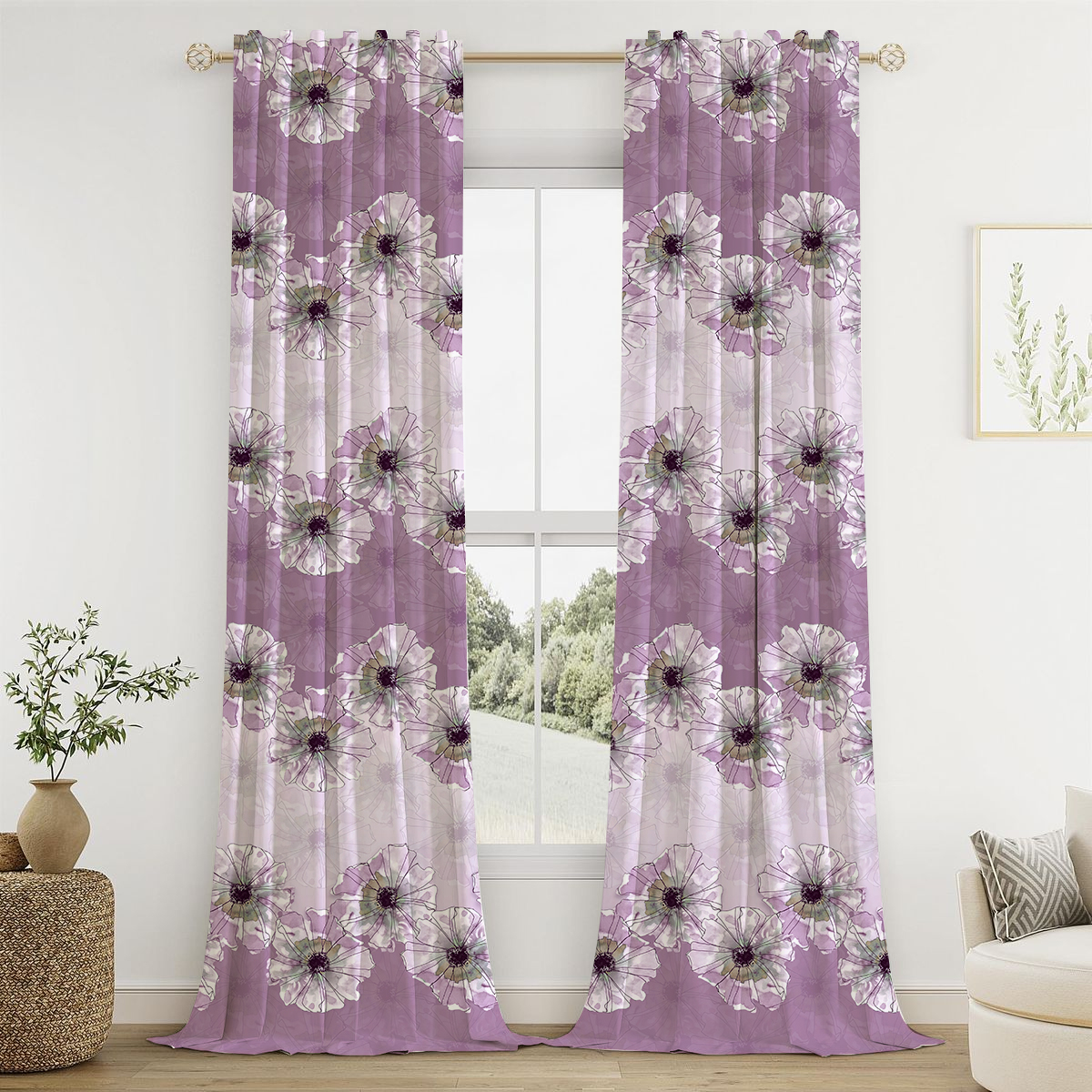 Orchid Line-Art Window Curtains